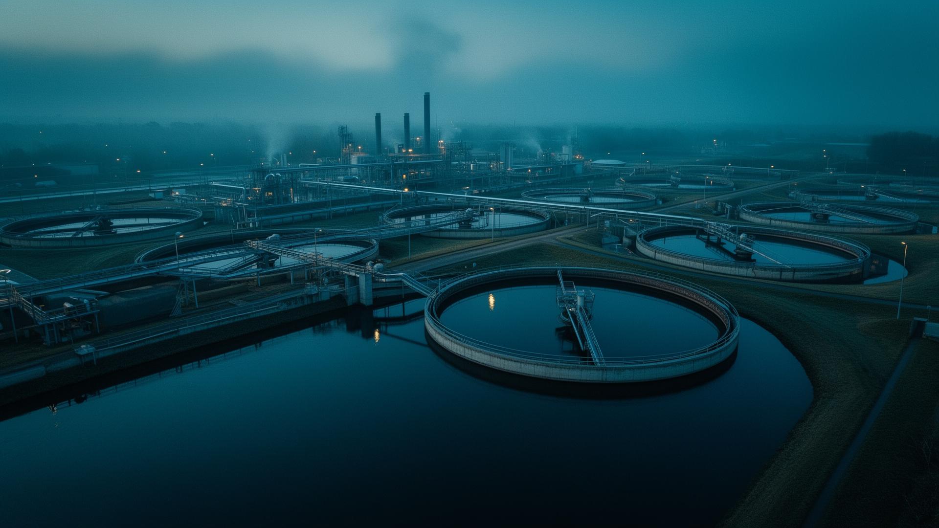 Industrial wastewater treatment facility at blue hour